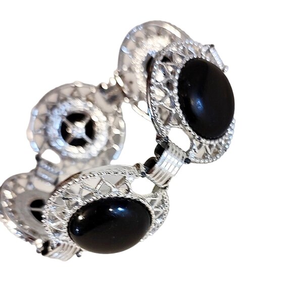1960s Vintage Sarah Coventry Round Black Bead And Silver Link Large Bracelet - Picture 2 of 5